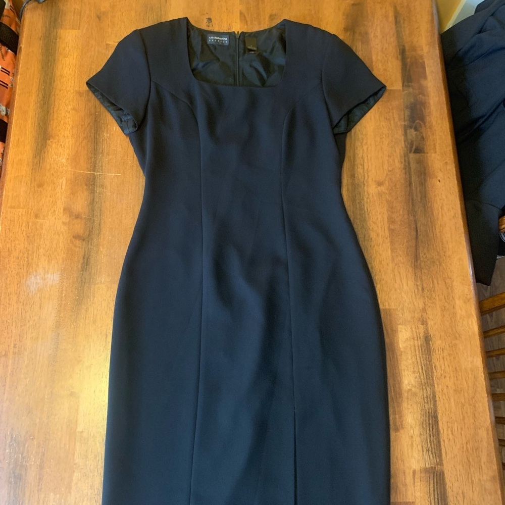 Liz Claiborne Classic Black Dress MIDI Fitted Back Zip Short Sleeve Lined